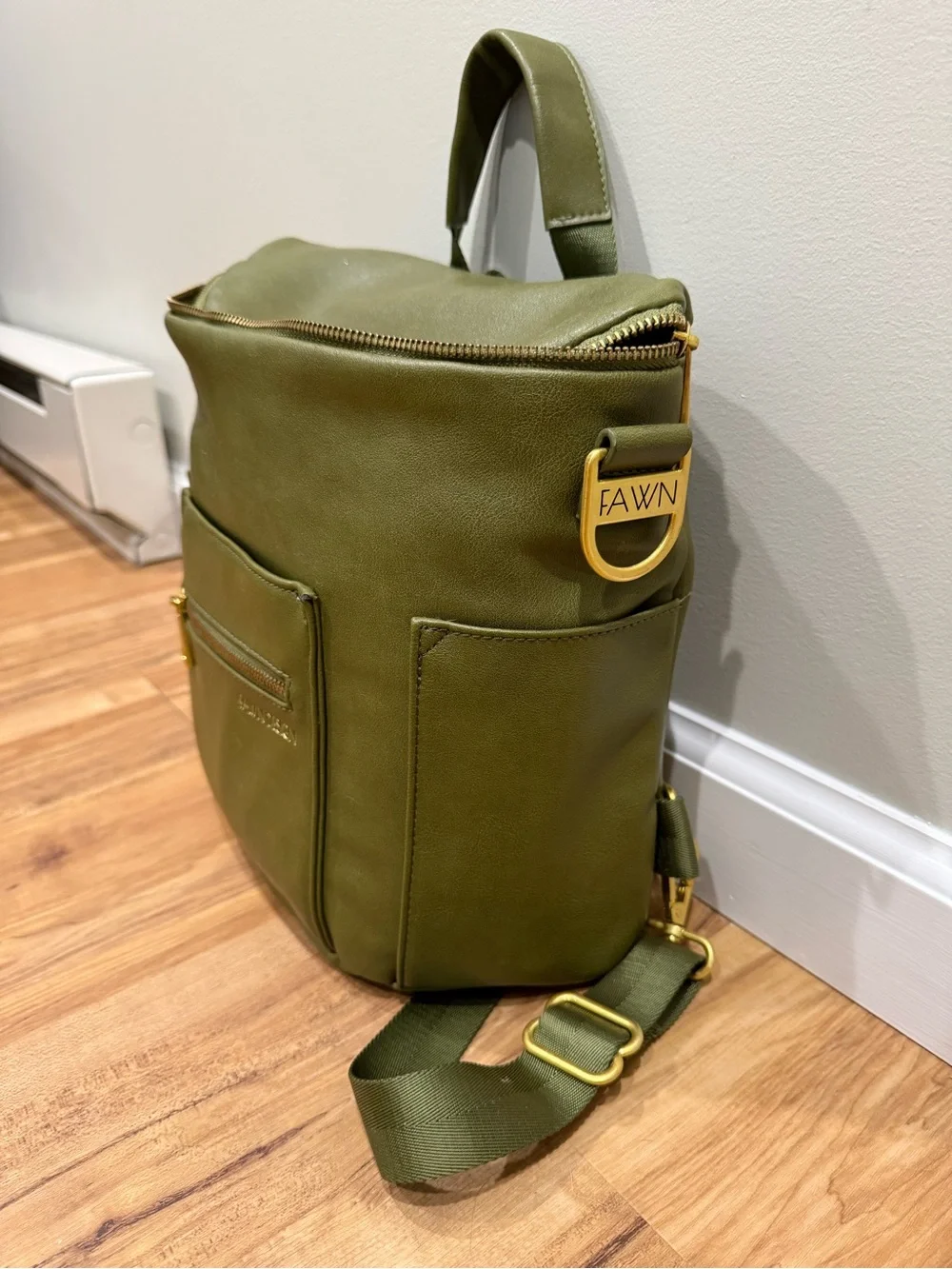 Fawn Design Olive Faux-Leather Backpack Mini with Gold Hardware